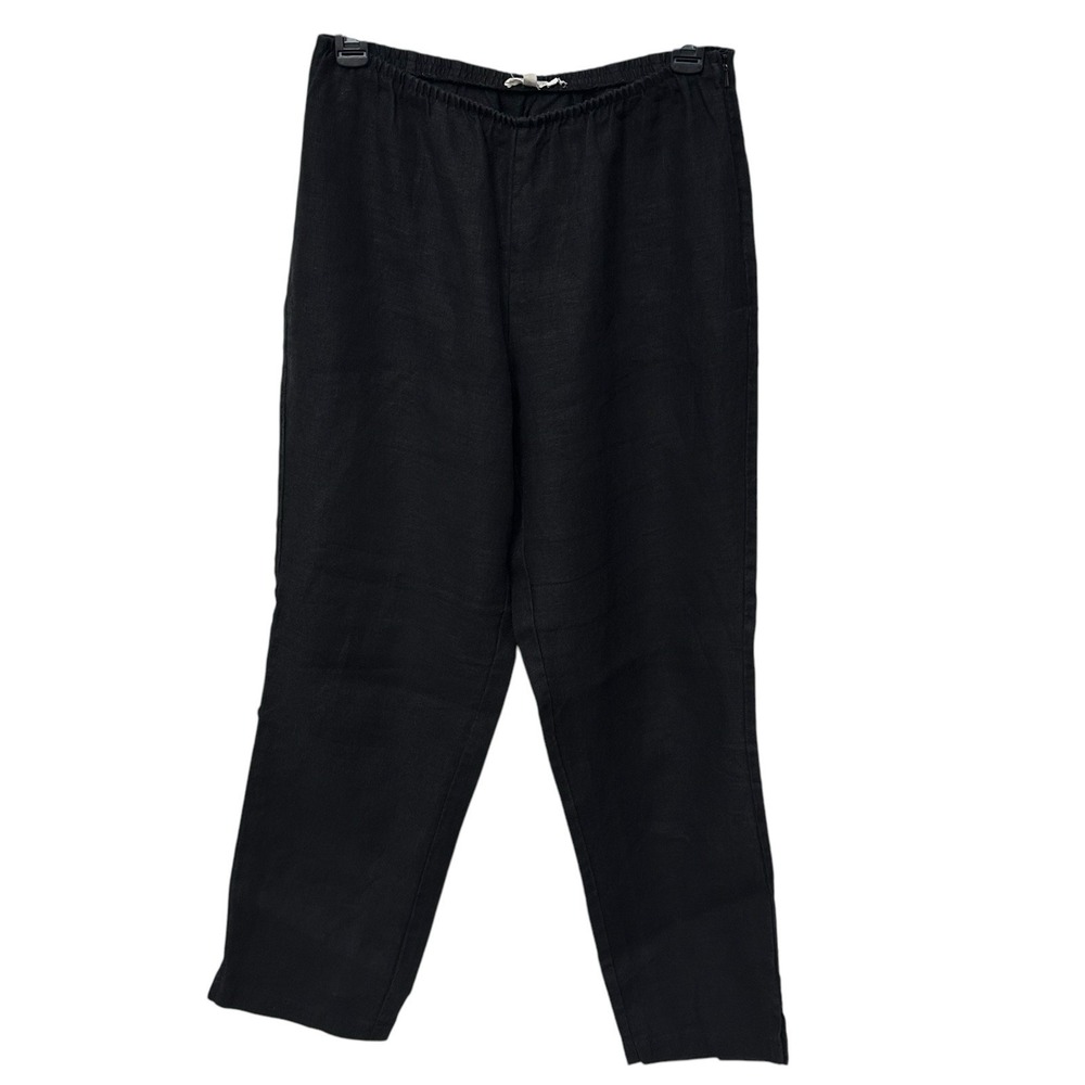 EILEEN FISHER Pants Small Linen Ankle Wide Leg Side Zip Elastic Waist Black